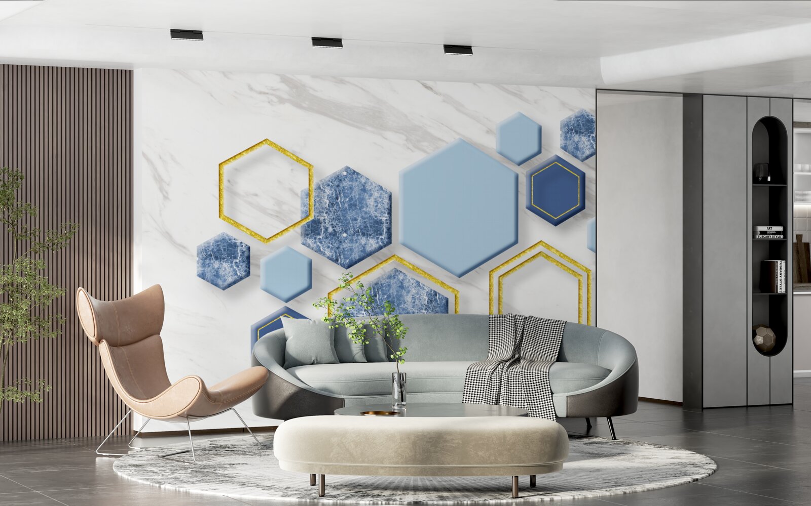 Fotobehang vijfhoekige beelden van marmer met gouden randen