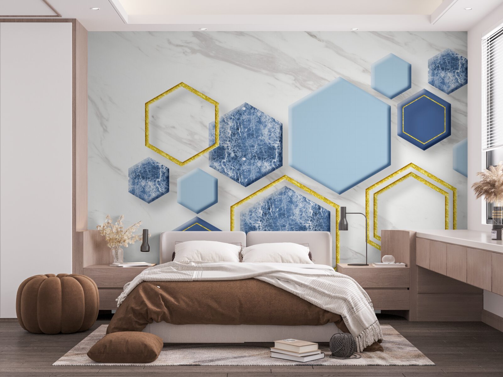 Fotobehang vijfhoekige beelden van marmer met gouden randen