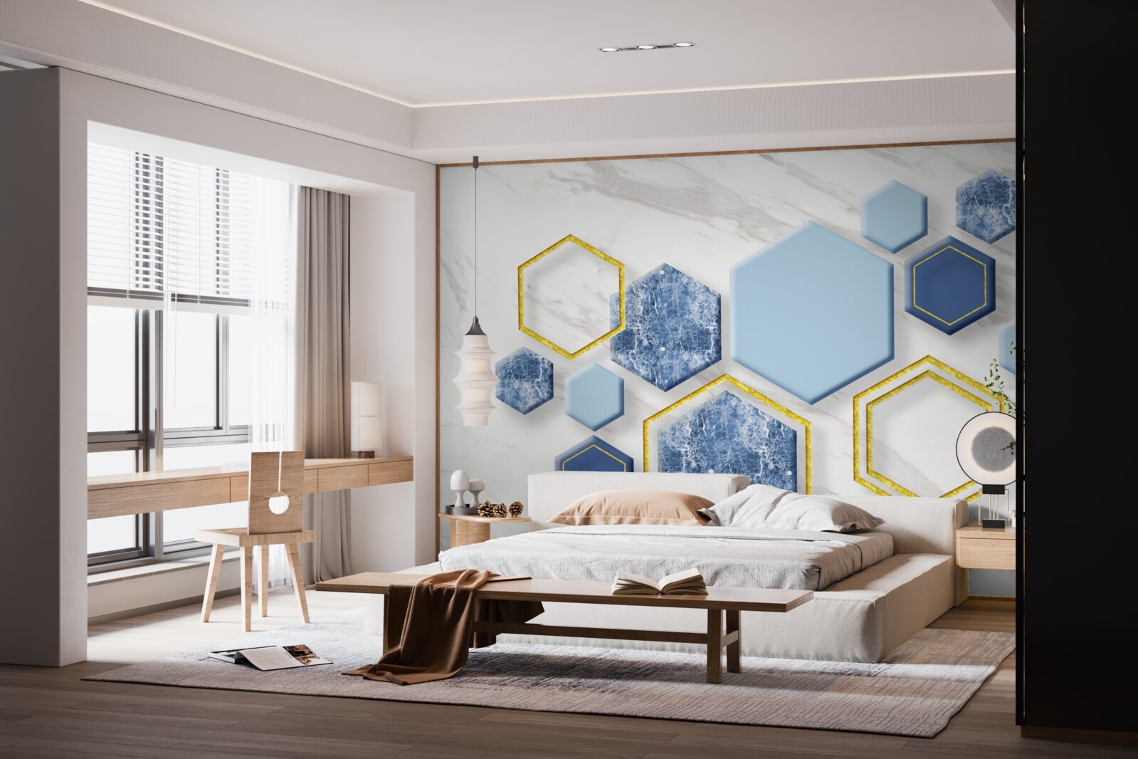 Fotobehang vijfhoekige beelden van marmer met gouden randen