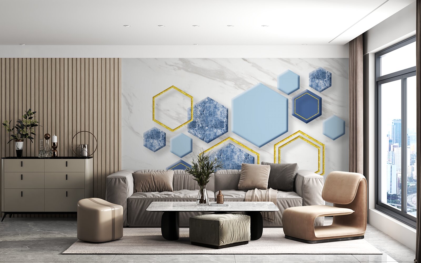 Fotobehang vijfhoekige beelden van marmer met gouden randen