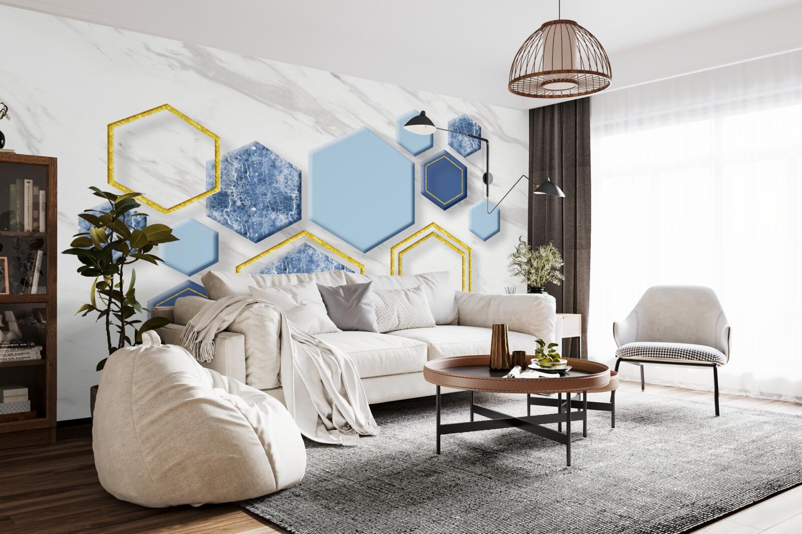 Fotobehang vijfhoekige beelden van marmer met gouden randen