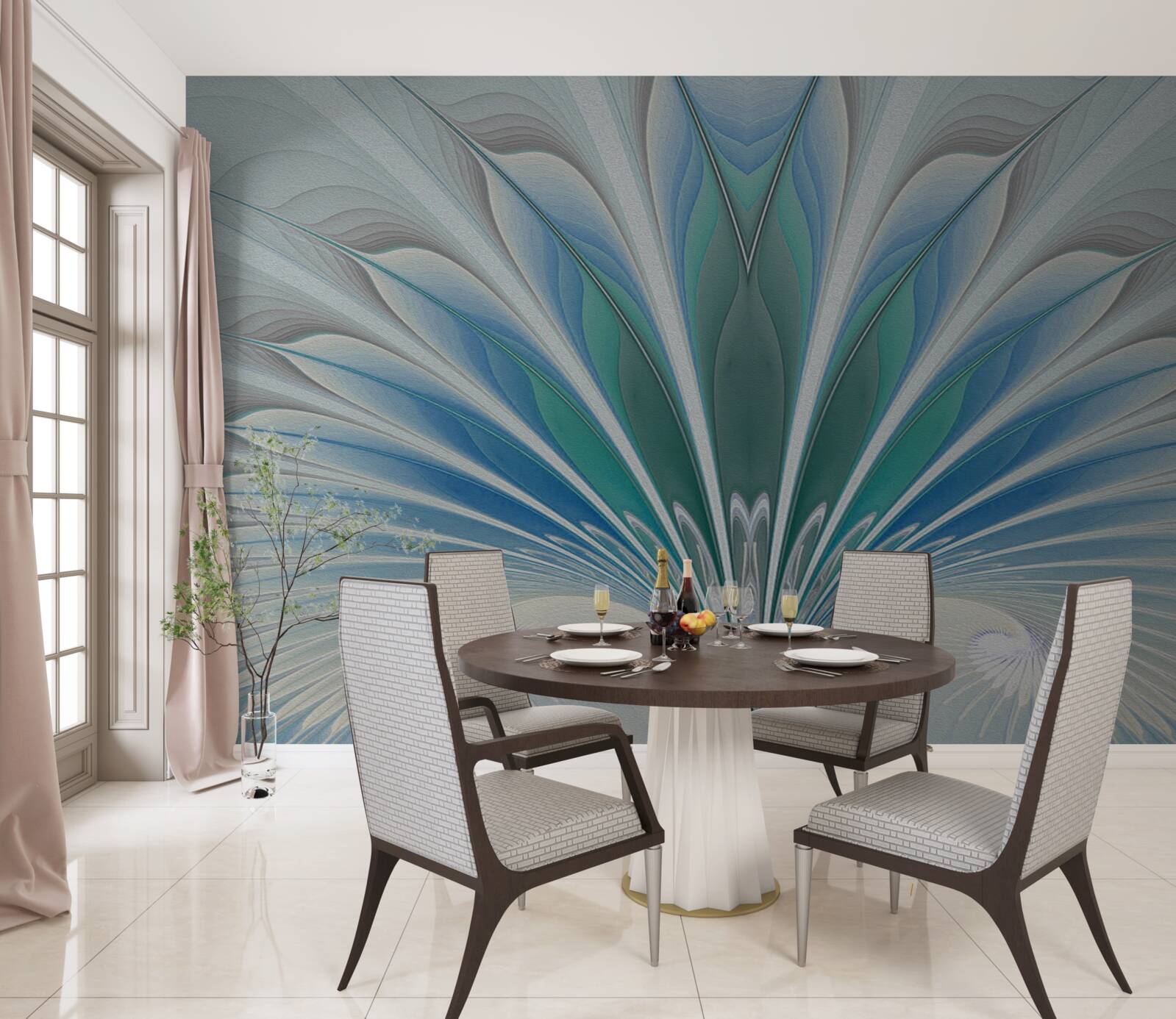 Fotobehang blauwe veren creëren een abstractie