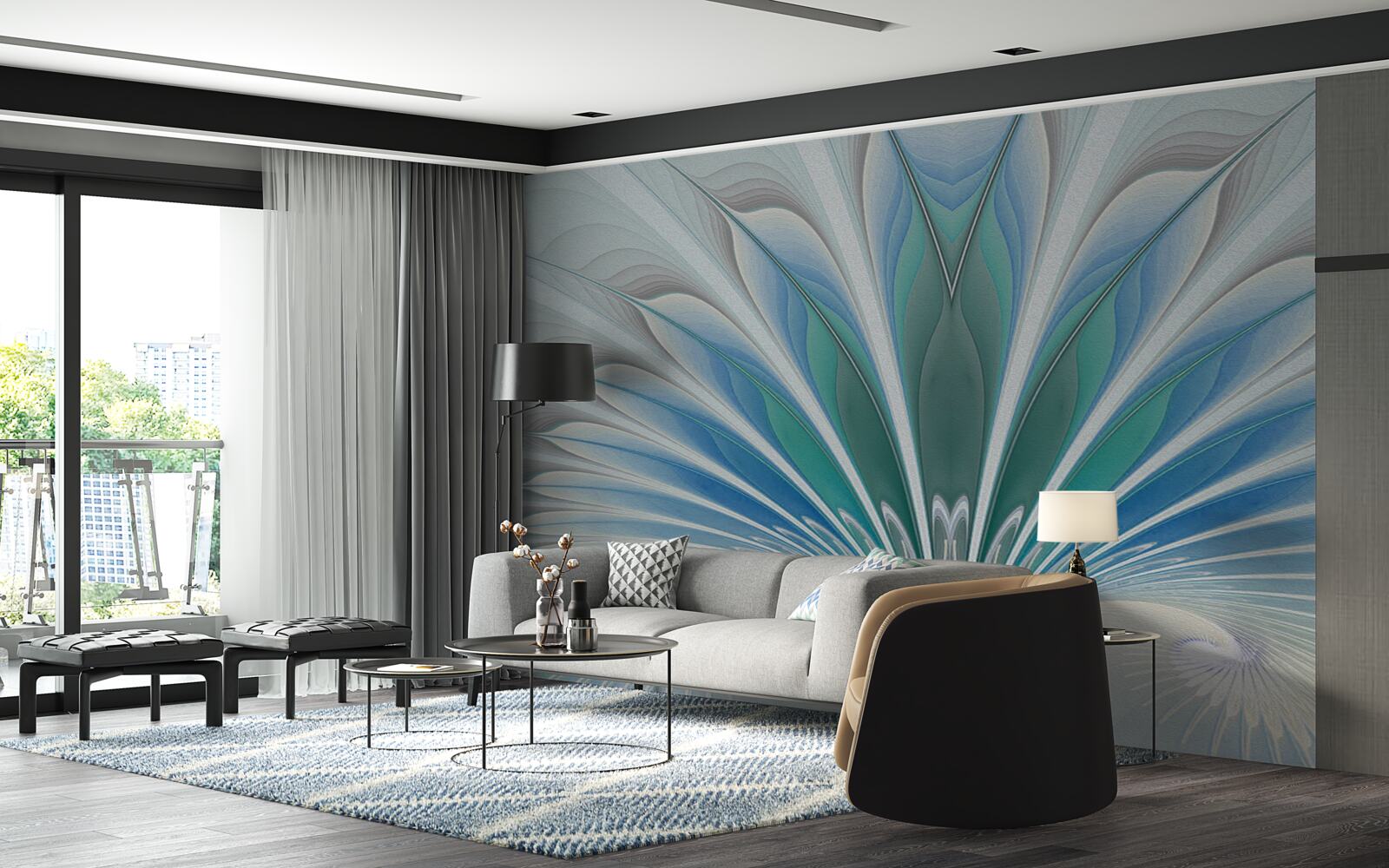 Fotobehang blauwe veren creëren een abstractie