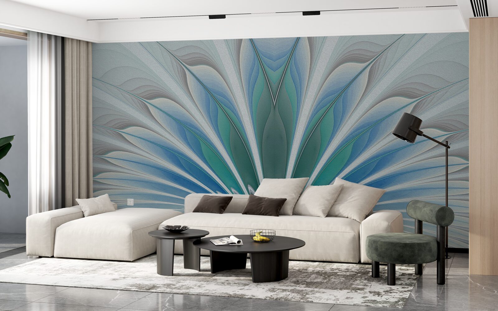 Fotobehang blauwe veren creëren een abstractie