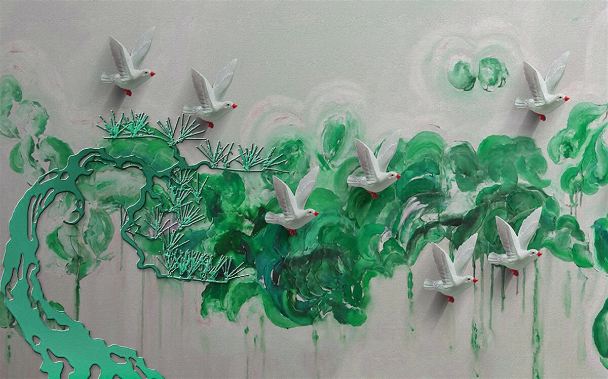 Fotobehang witte vogels en groene bladeren