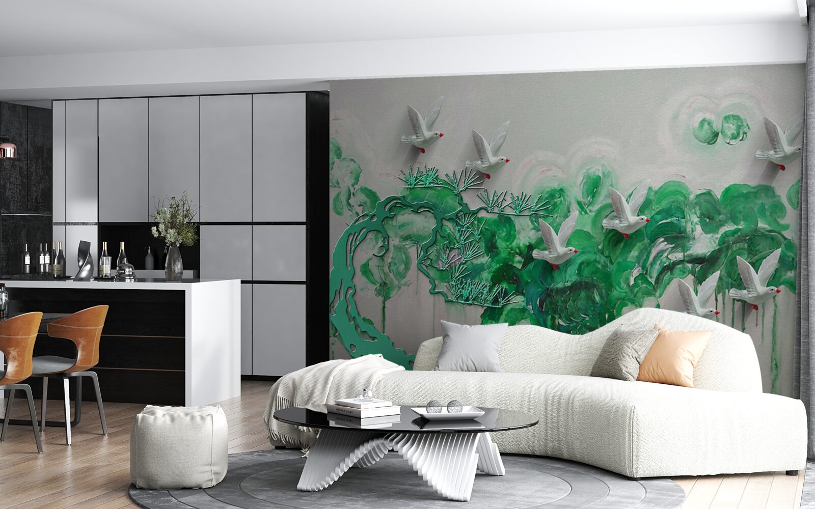 Fotobehang witte vogels en groene bladeren