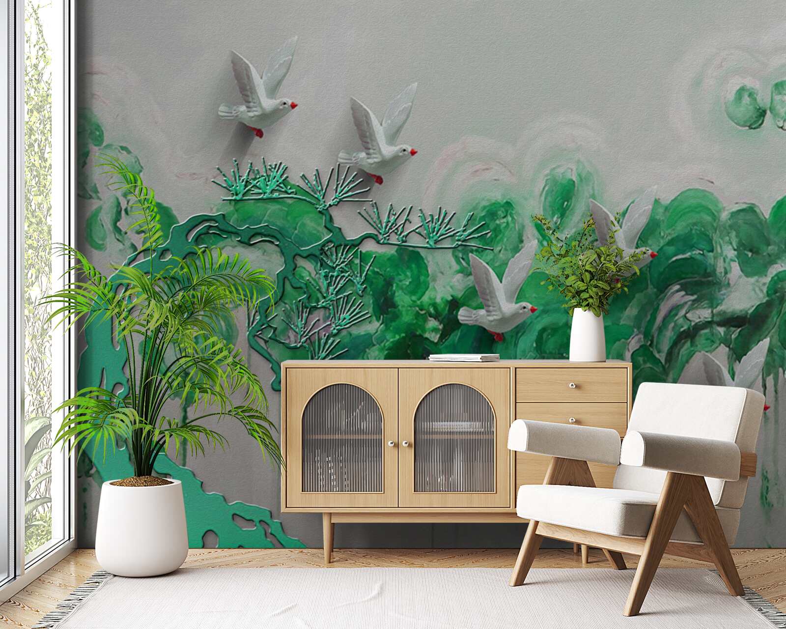 Fotobehang witte vogels en groene bladeren