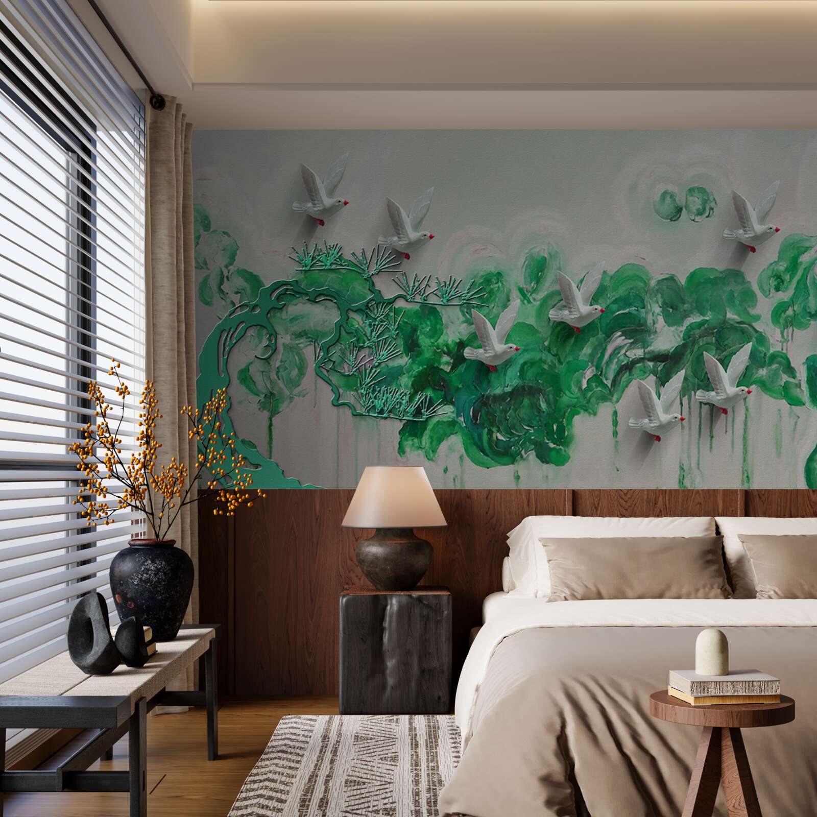 Fotobehang witte vogels en groene bladeren