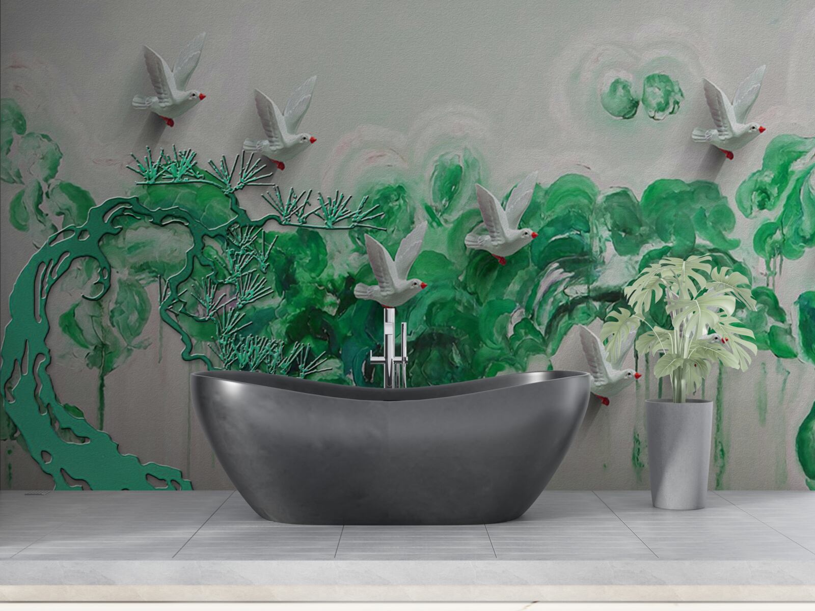 Fotobehang witte vogels en groene bladeren