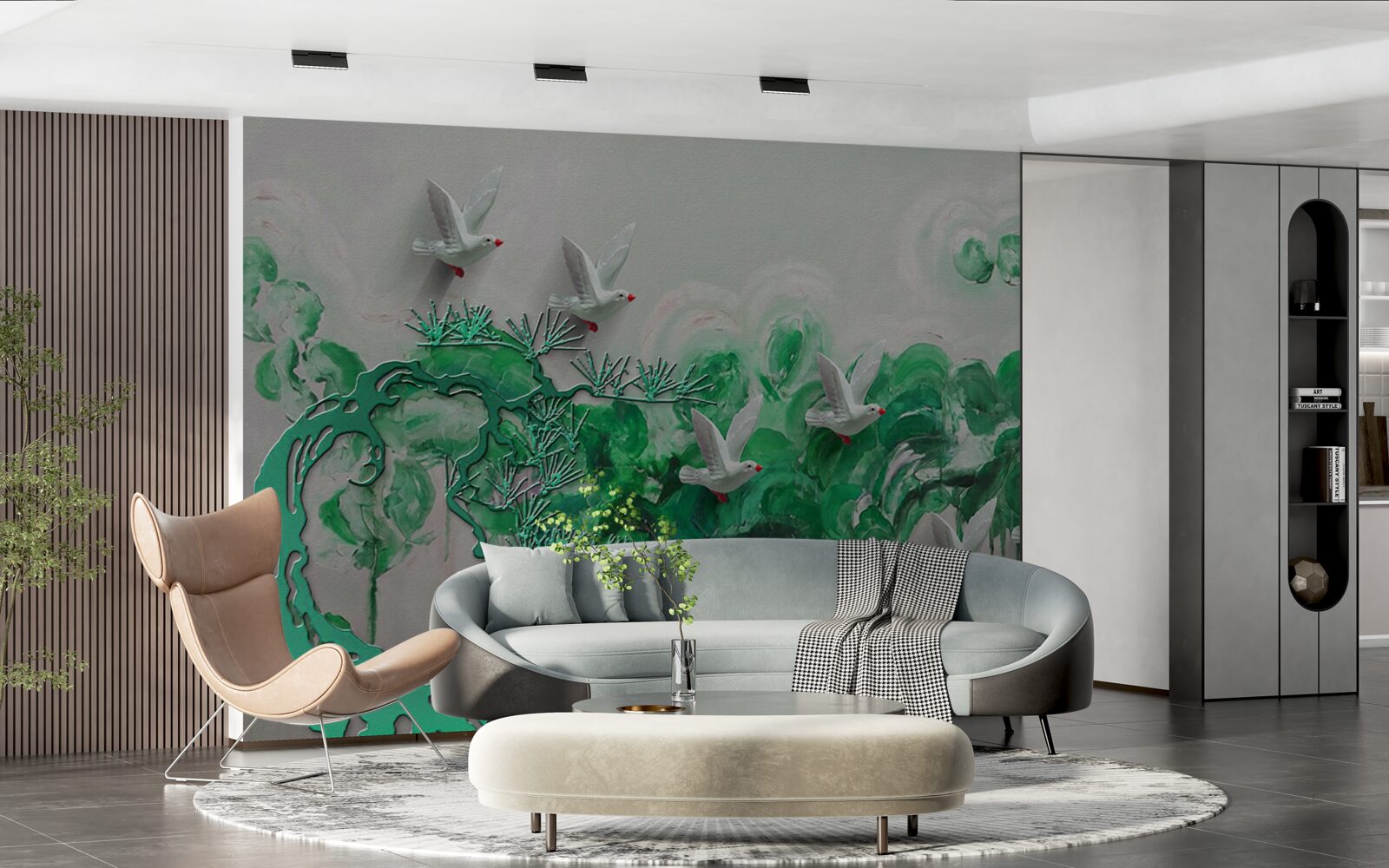 Fotobehang witte vogels en groene bladeren