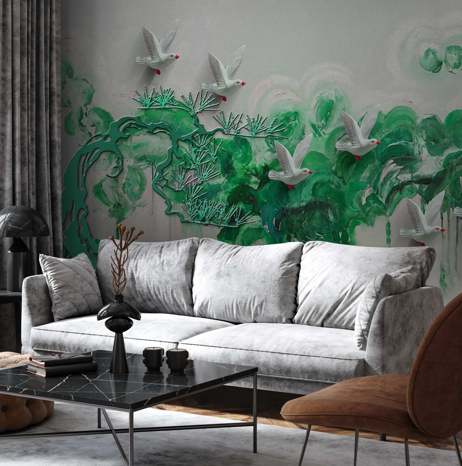 Fotobehang witte vogels en groene bladeren