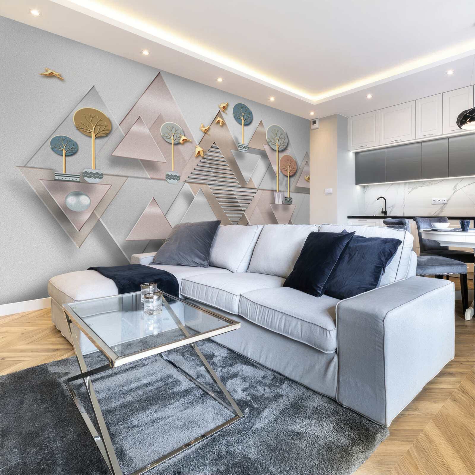 Fotobehang de weerspiegeling van het bos in het water wordt gepresenteerd als een geometrische abstractie