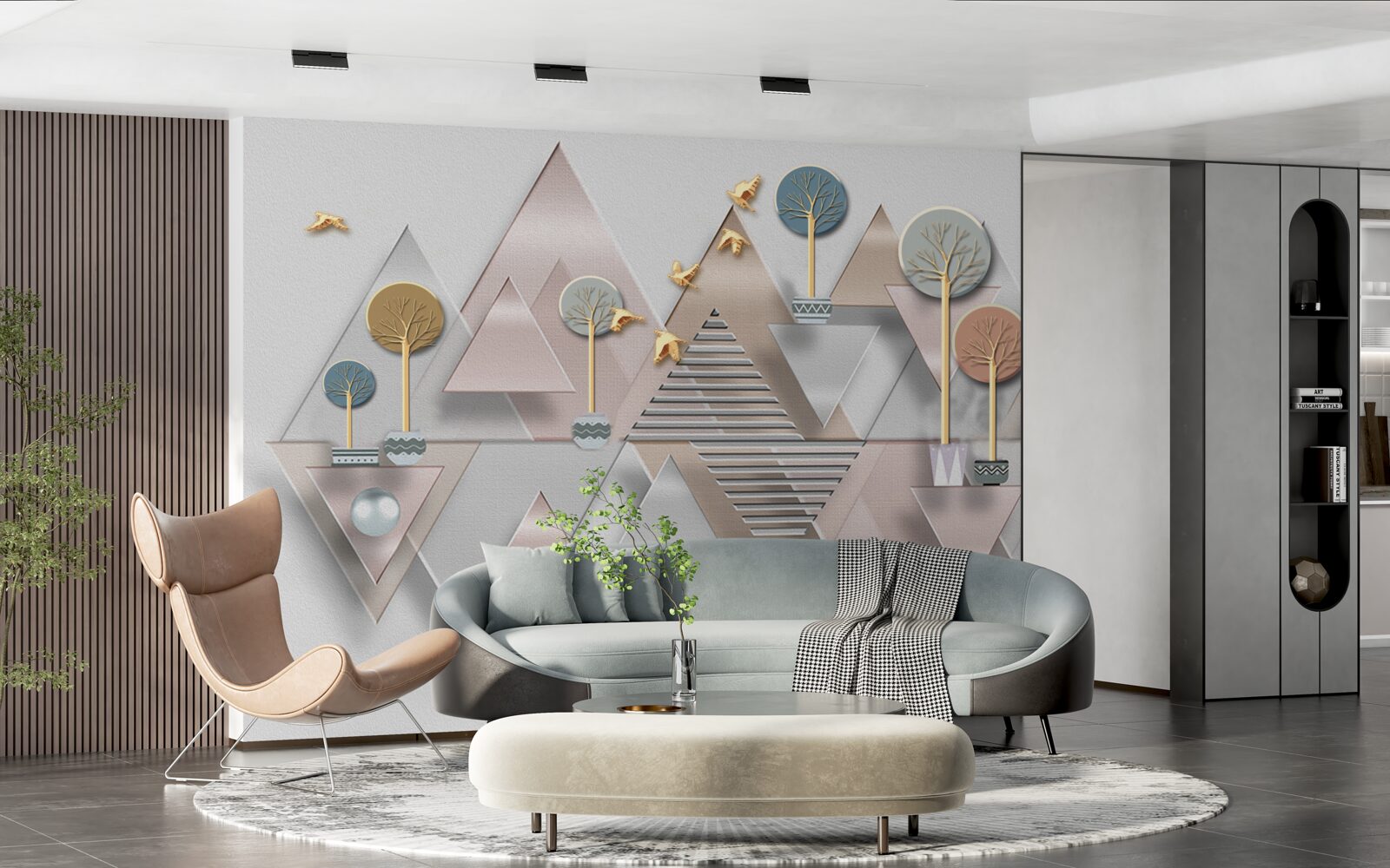 Fotobehang de weerspiegeling van het bos in het water wordt gepresenteerd als een geometrische abstractie