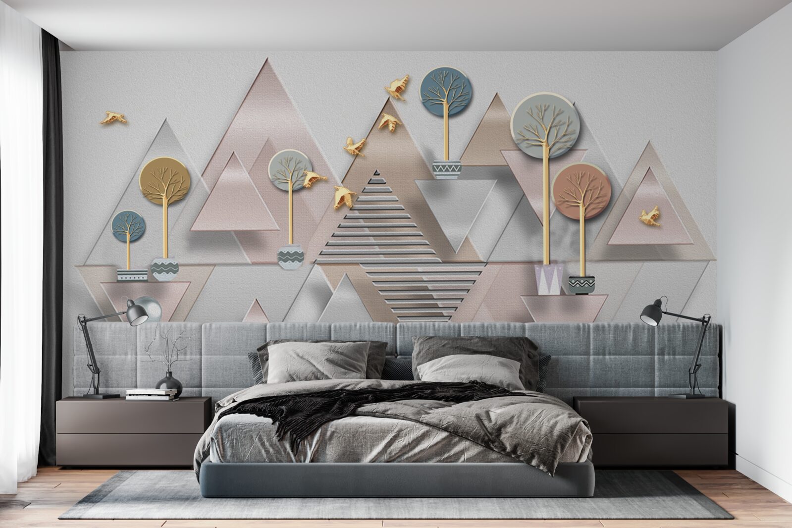 Fotobehang de weerspiegeling van het bos in het water wordt gepresenteerd als een geometrische abstractie