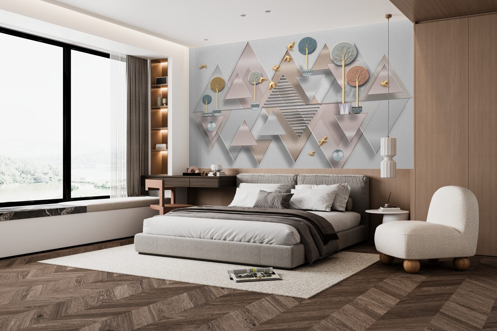 Fotobehang de weerspiegeling van het bos in het water wordt gepresenteerd als een geometrische abstractie