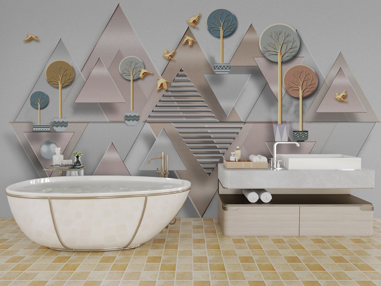 Fotobehang de weerspiegeling van het bos in het water wordt gepresenteerd als een geometrische abstractie