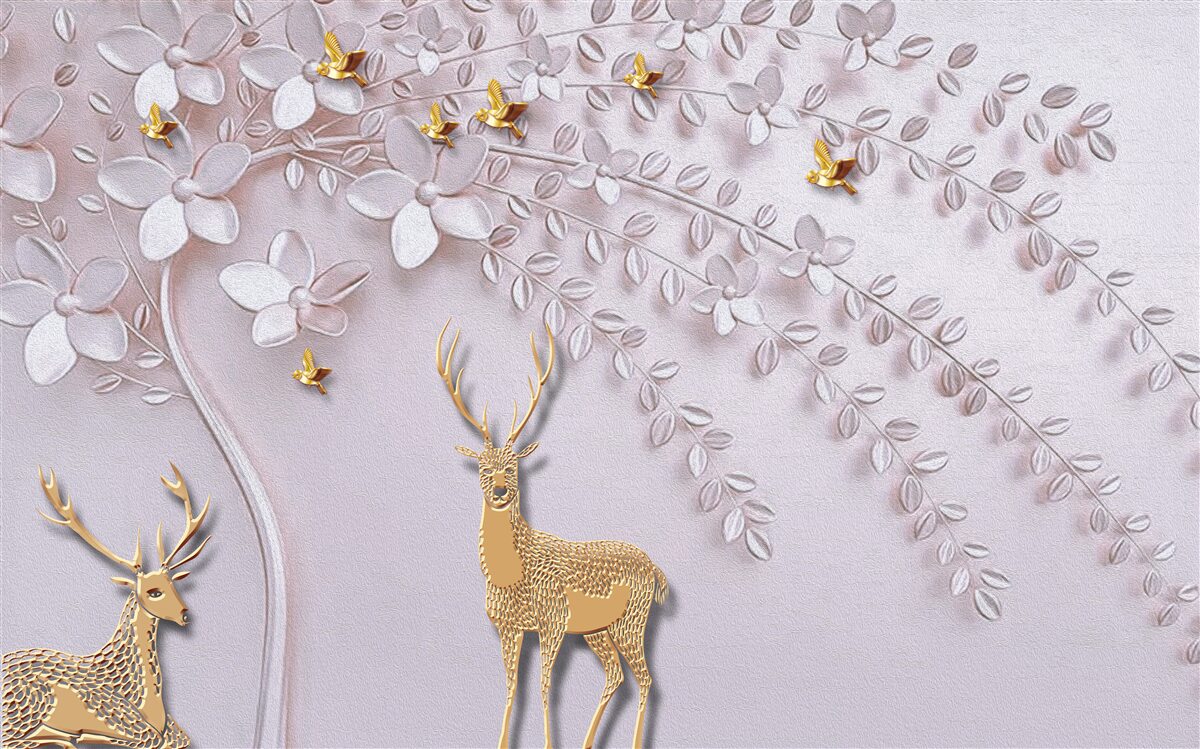 Fotobehang majestueus gouden hert bij een bloeiende boom