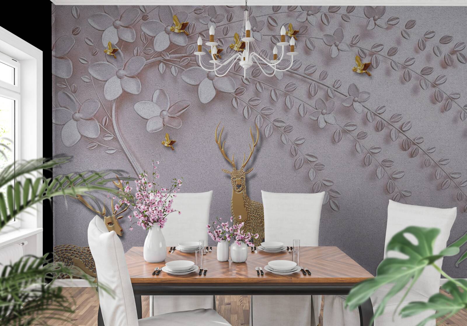 Fotobehang majestueus gouden hert bij een bloeiende boom