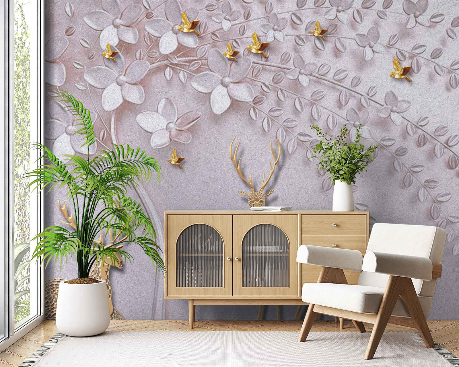 Fotobehang majestueus gouden hert bij een bloeiende boom