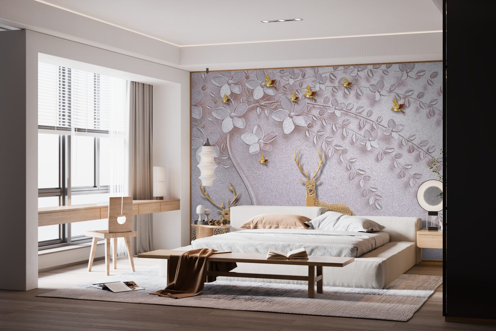 Fotobehang majestueus gouden hert bij een bloeiende boom