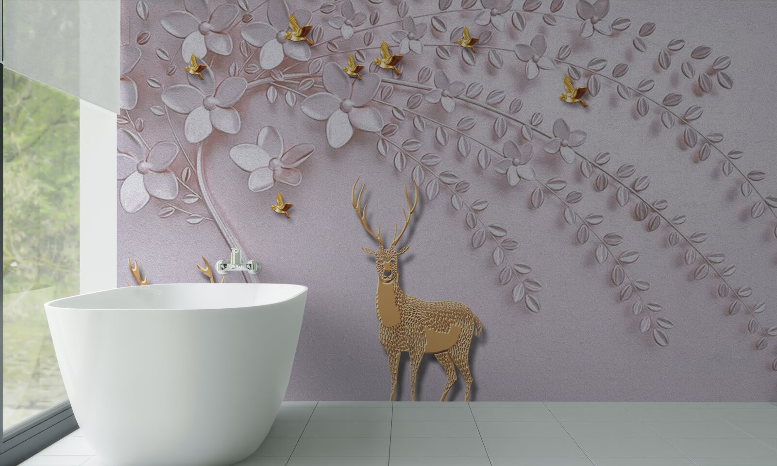 Fotobehang majestueus gouden hert bij een bloeiende boom