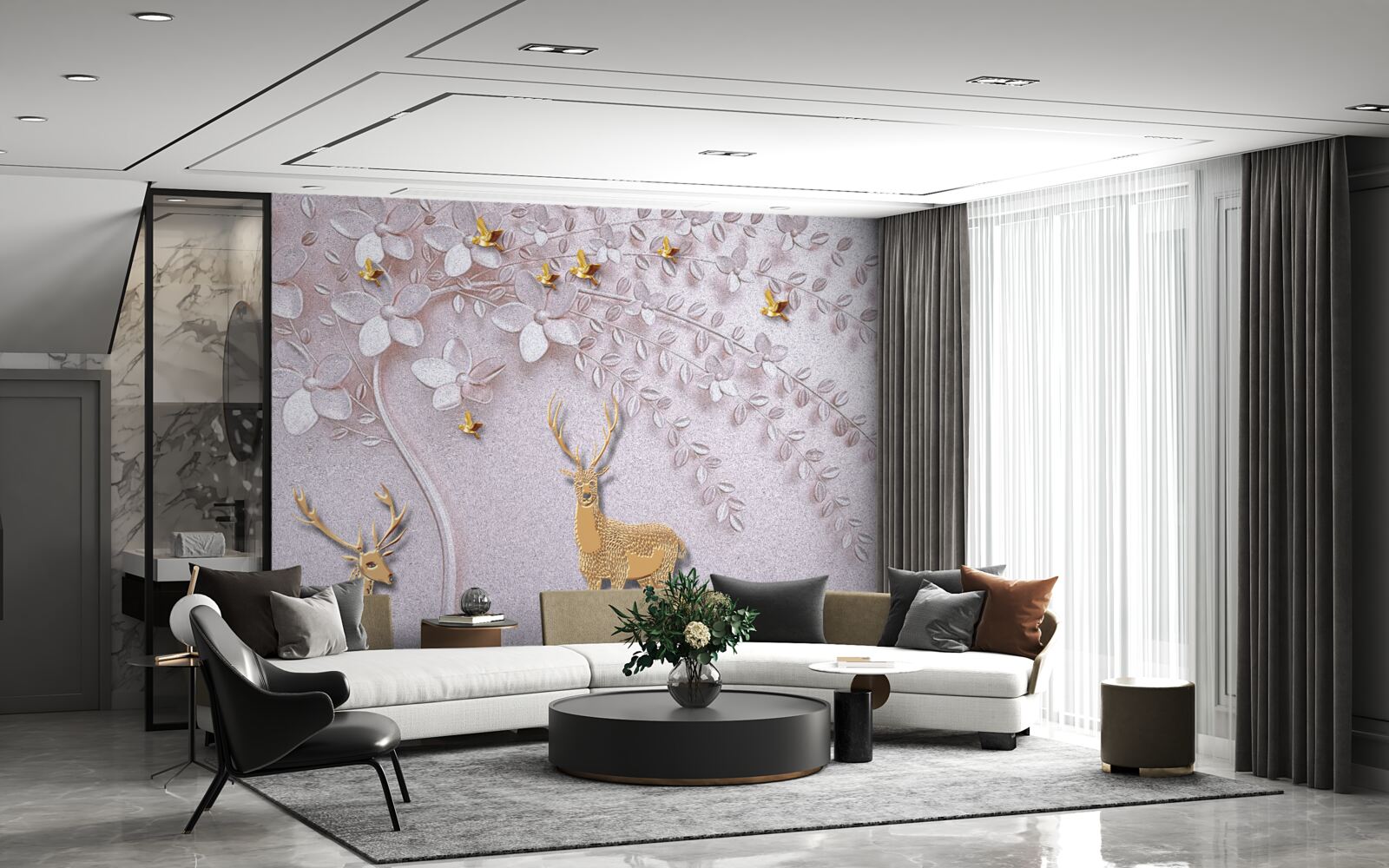 Fotobehang majestueus gouden hert bij een bloeiende boom