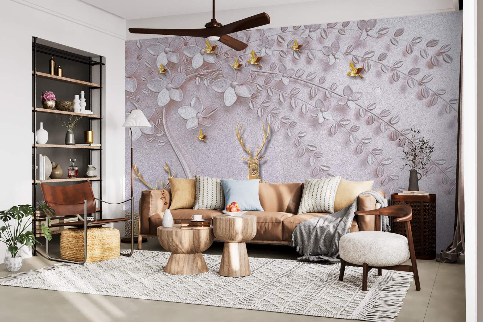 Fotobehang majestueus gouden hert bij een bloeiende boom