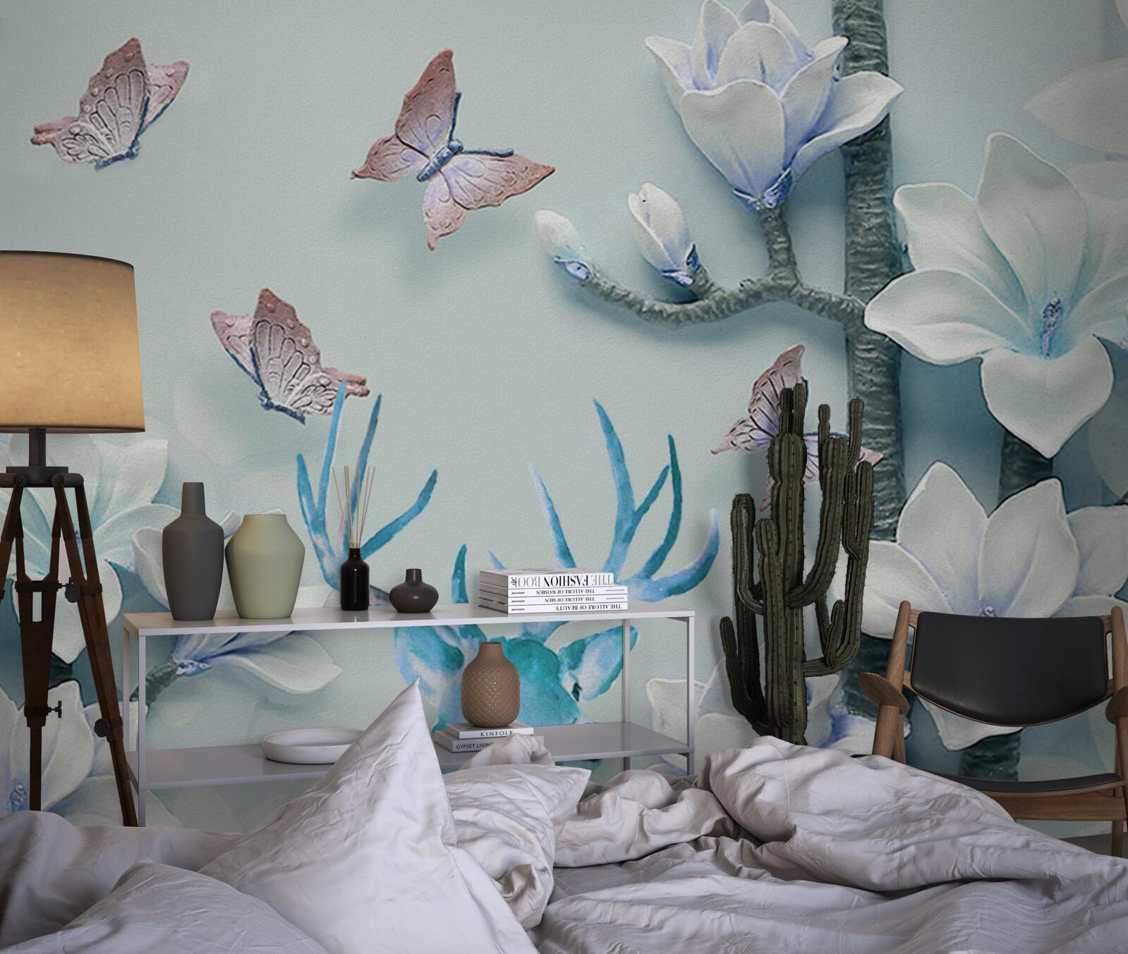 Fotobehang herten, witte magnolia en vlinders