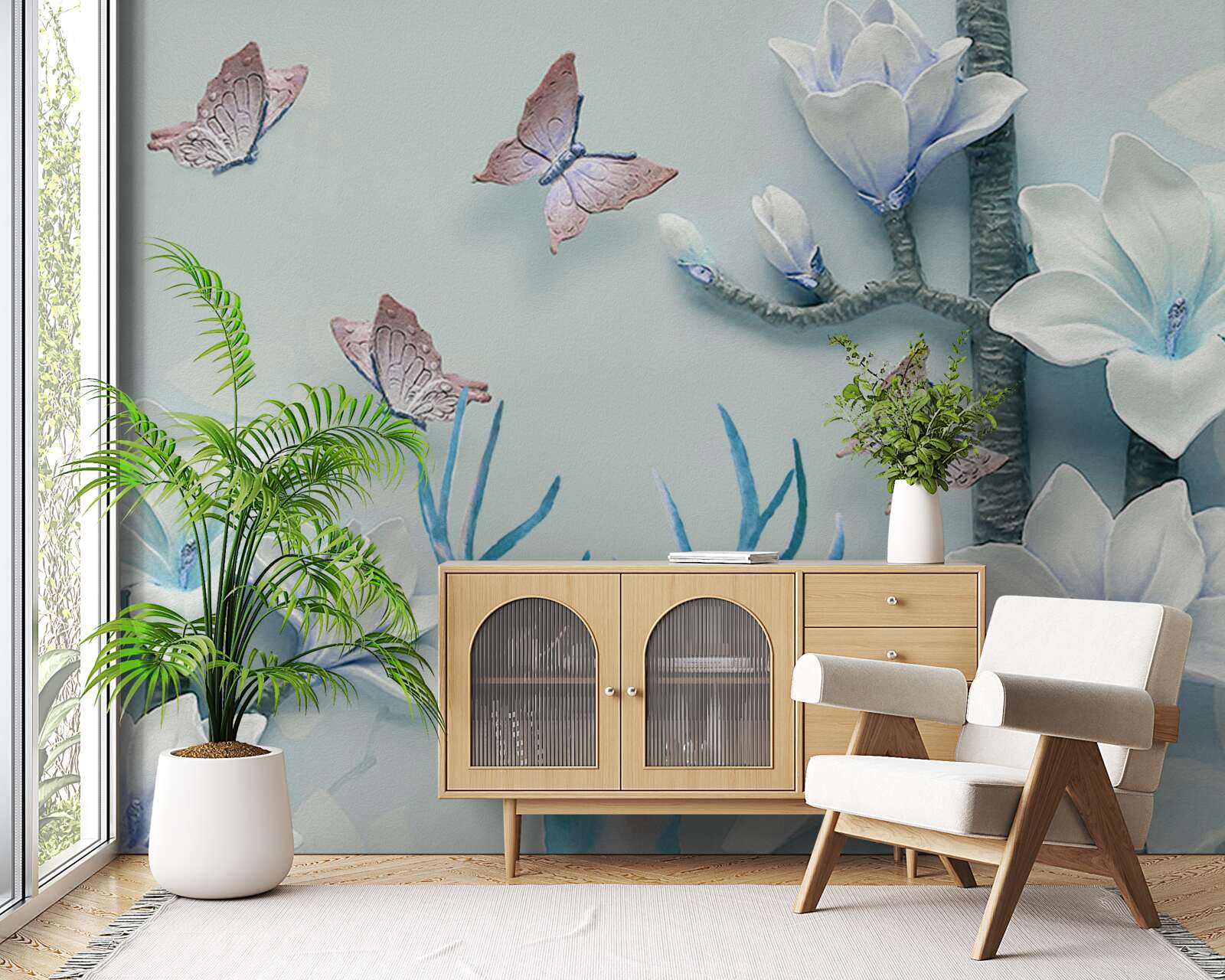 Fotobehang herten, witte magnolia en vlinders