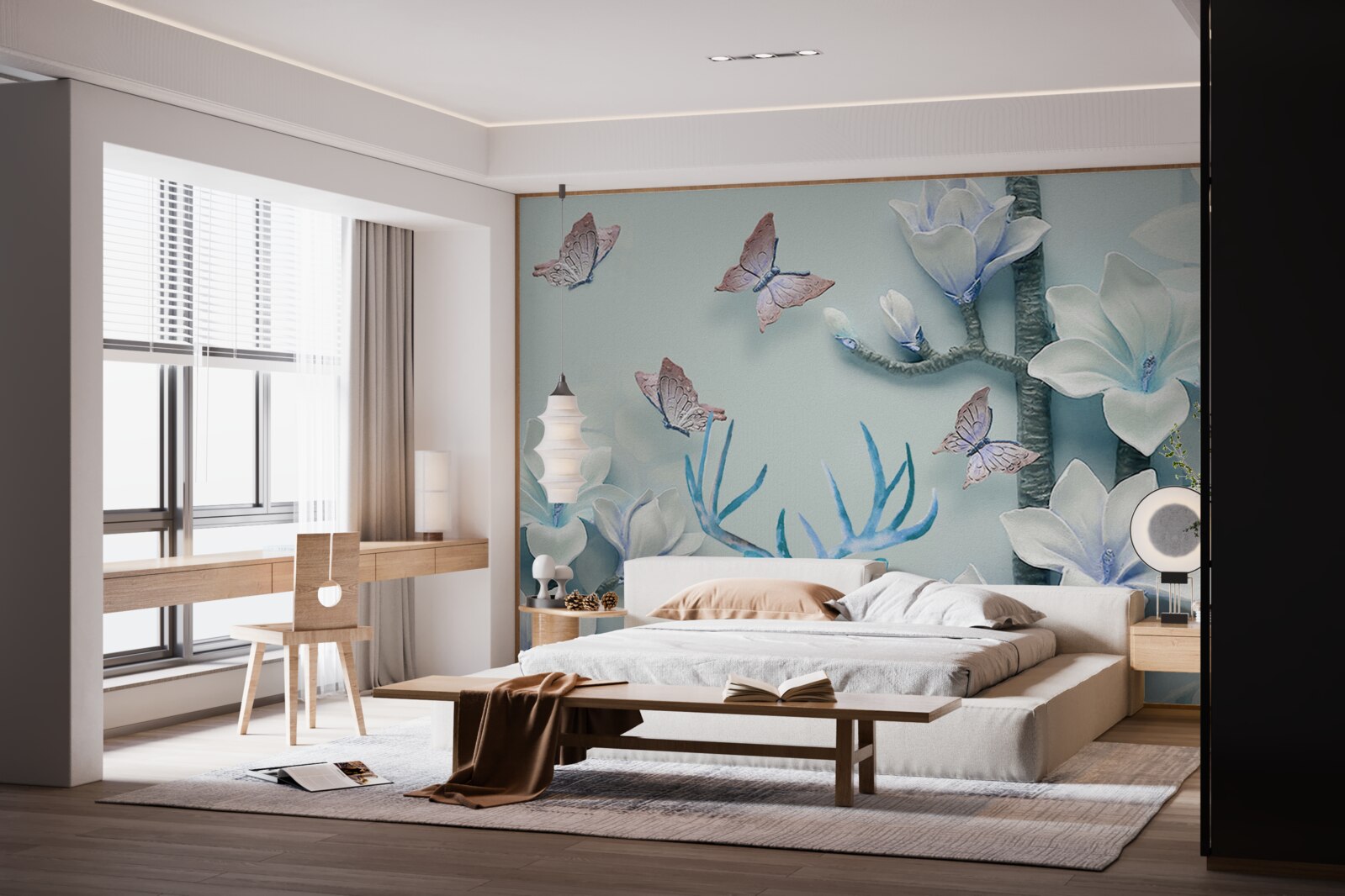 Fotobehang herten, witte magnolia en vlinders