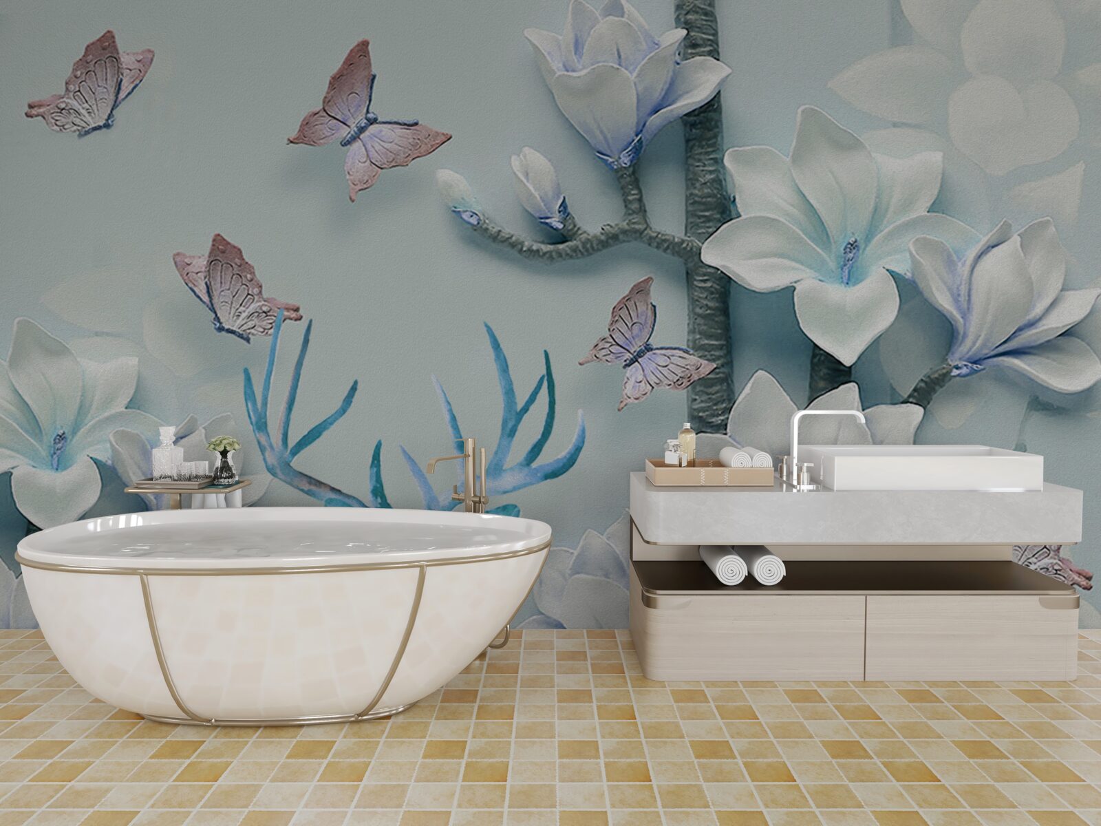 Fotobehang herten, witte magnolia en vlinders