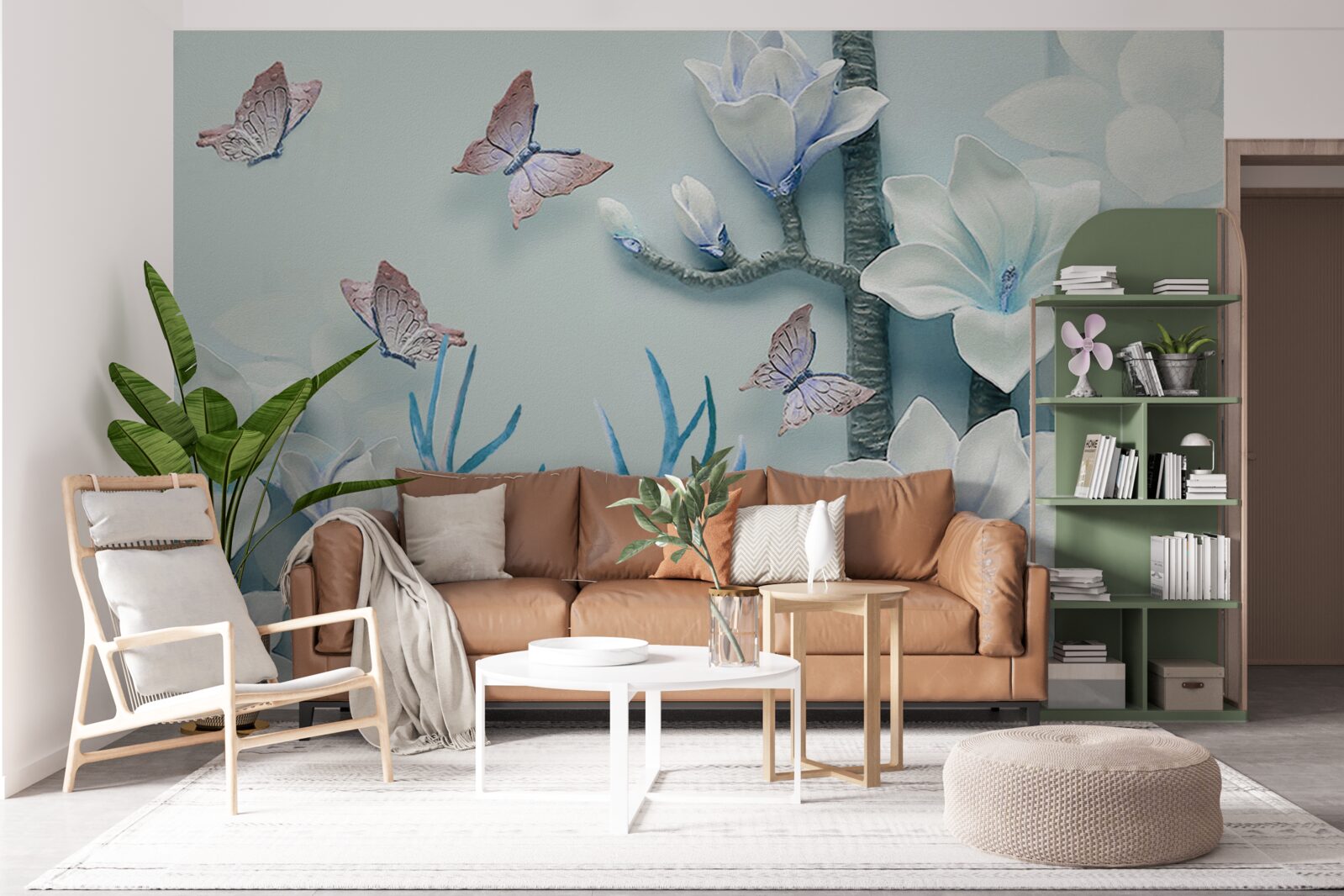 Fotobehang herten, witte magnolia en vlinders