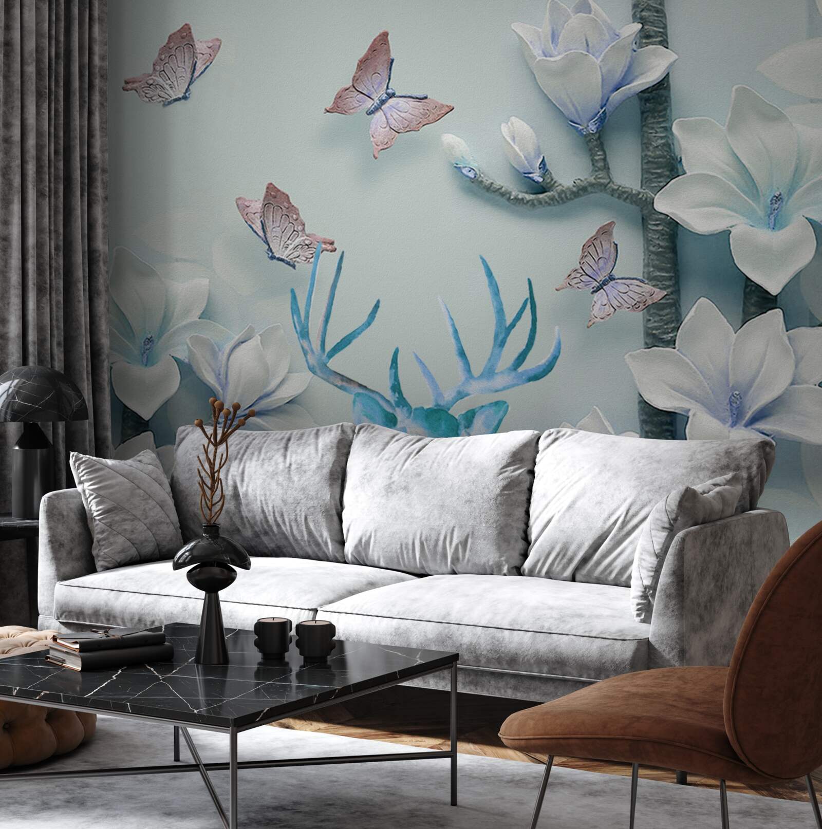 Fotobehang herten, witte magnolia en vlinders