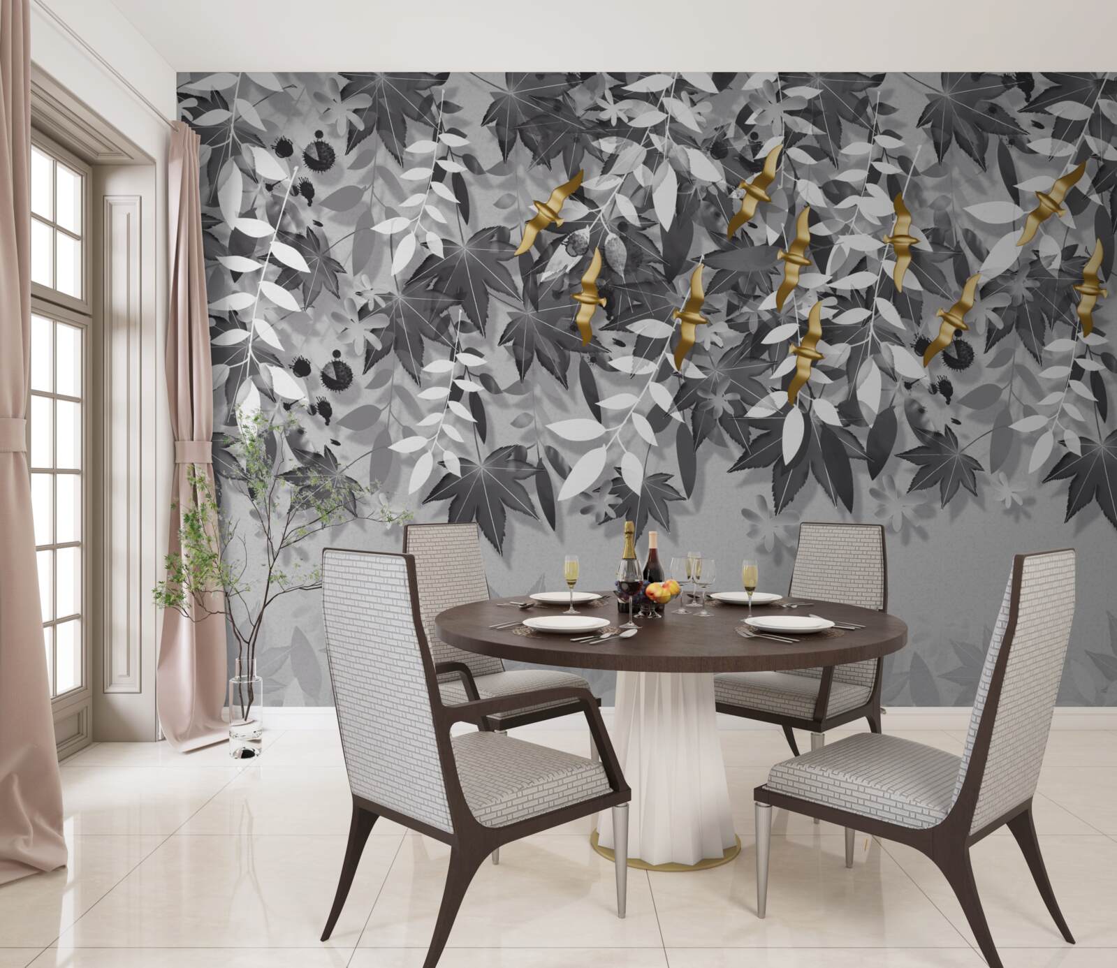 Fotobehang de takken zijn sneeuwwit met gouden bloemen