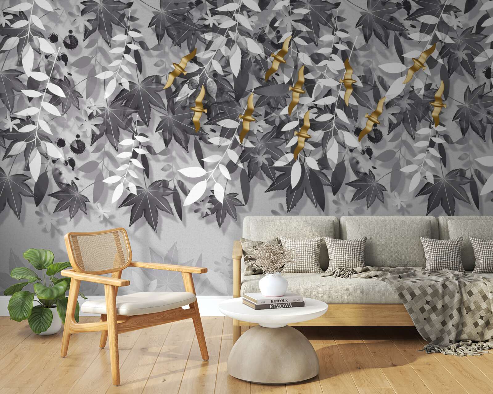 Fotobehang de takken zijn sneeuwwit met gouden bloemen