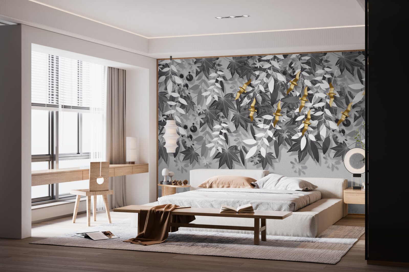 Fotobehang de takken zijn sneeuwwit met gouden bloemen