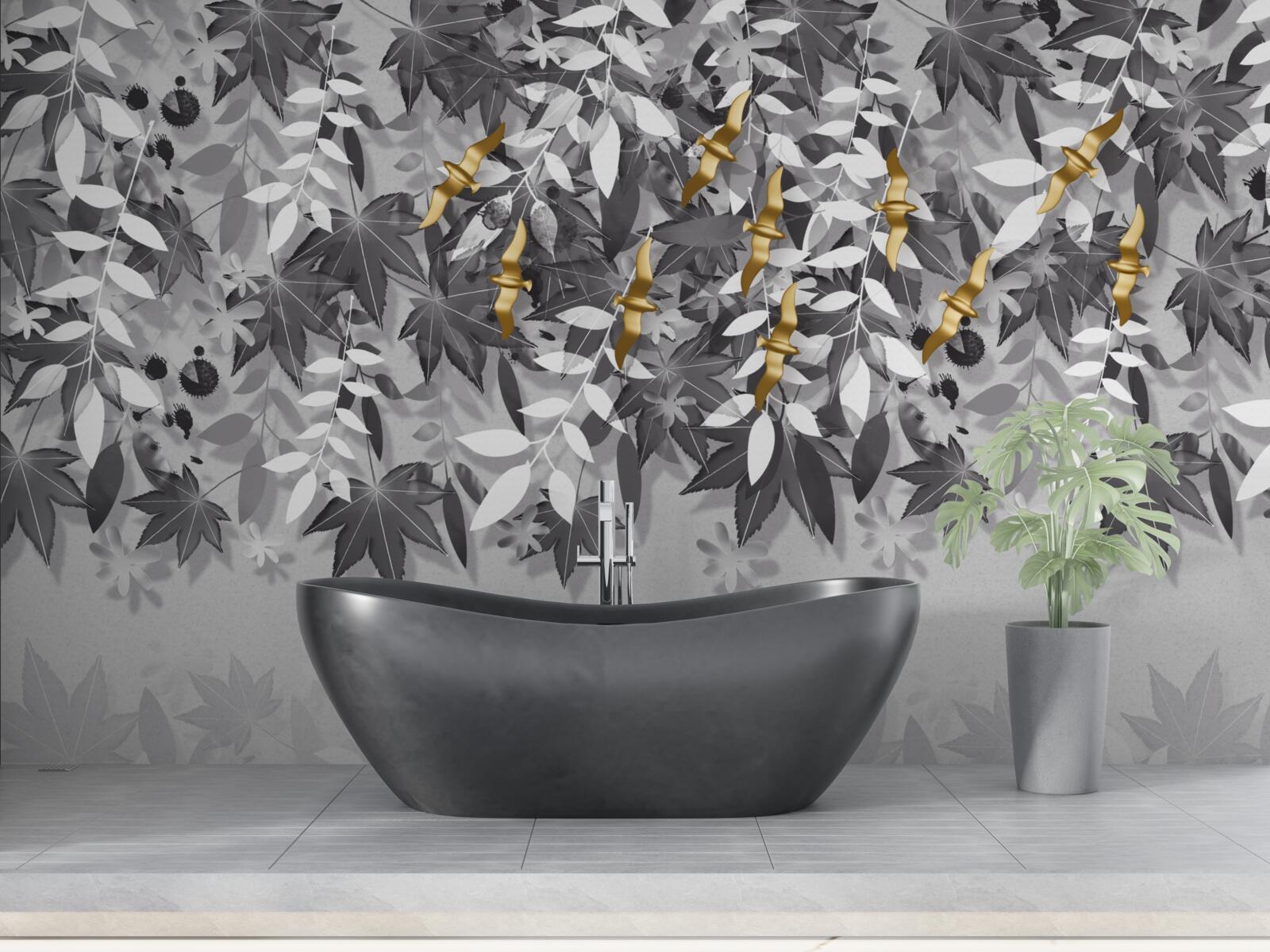 Fotobehang de takken zijn sneeuwwit met gouden bloemen