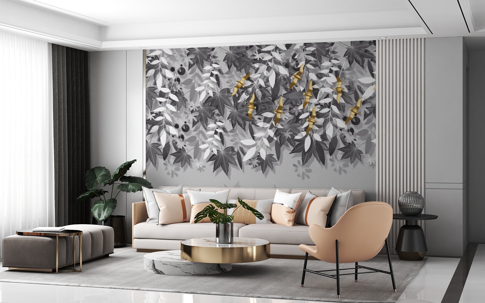 Fotobehang de takken zijn sneeuwwit met gouden bloemen