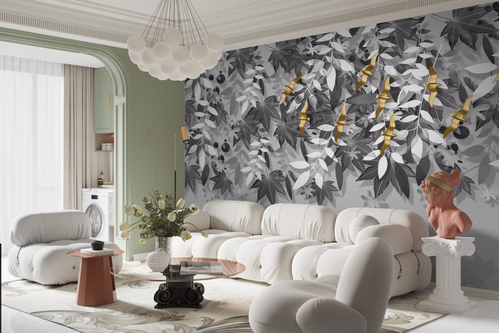 Fotobehang de takken zijn sneeuwwit met gouden bloemen