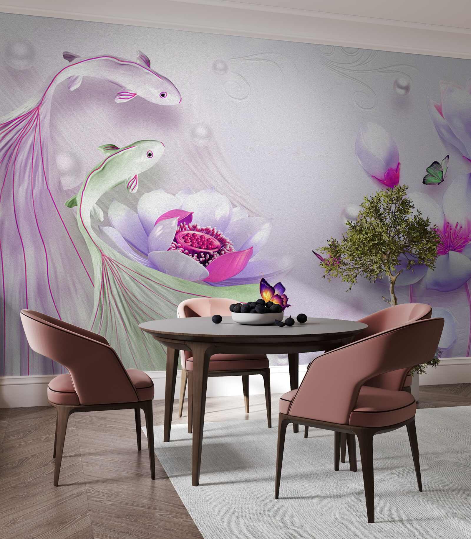 Fotobehang Sneeuwwitte magnolia en kleine visjes