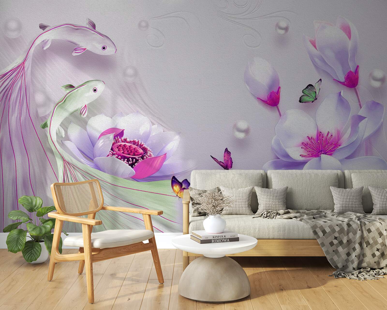 Fotobehang Sneeuwwitte magnolia en kleine visjes