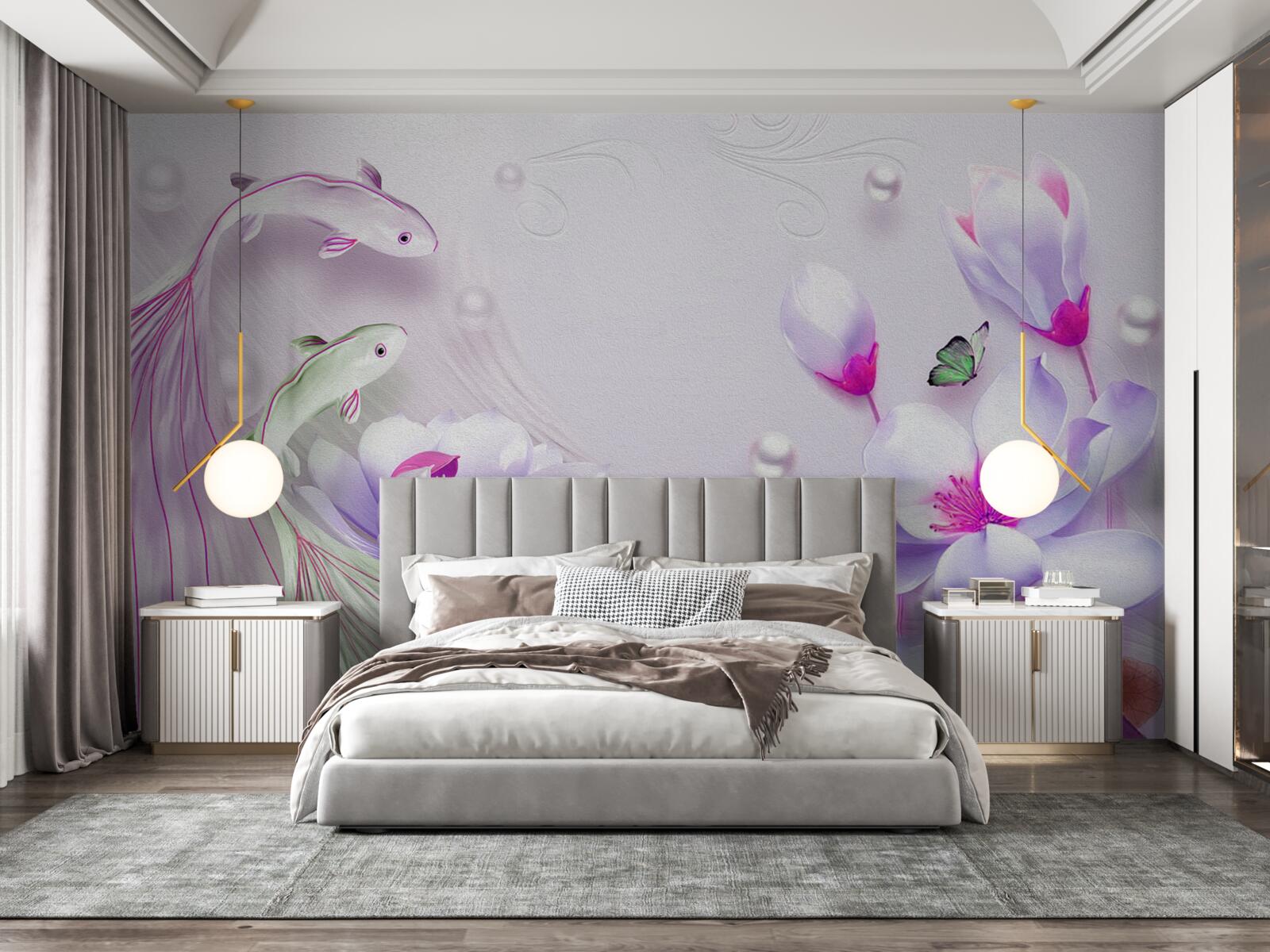 Fotobehang Sneeuwwitte magnolia en kleine visjes