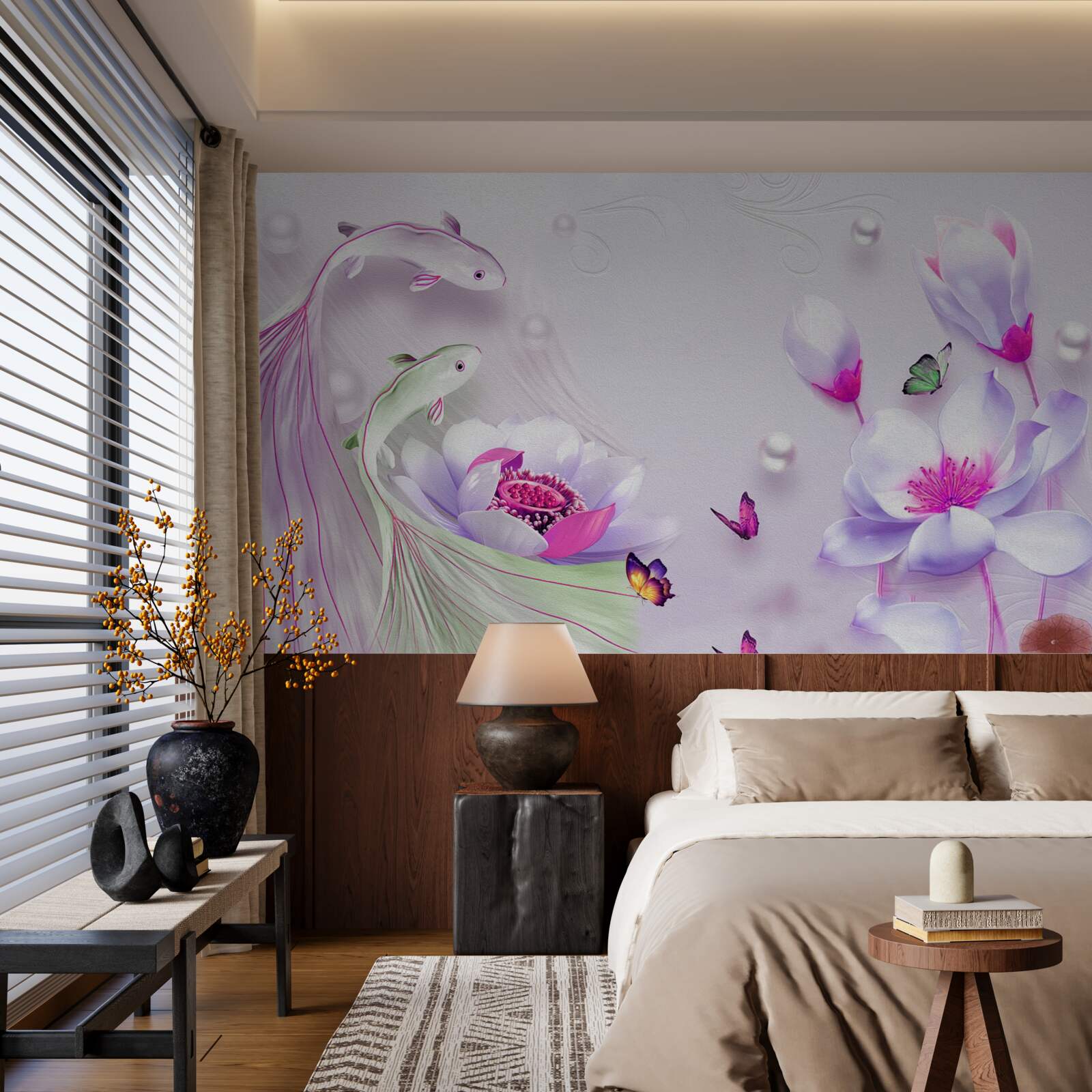 Fotobehang Sneeuwwitte magnolia en kleine visjes