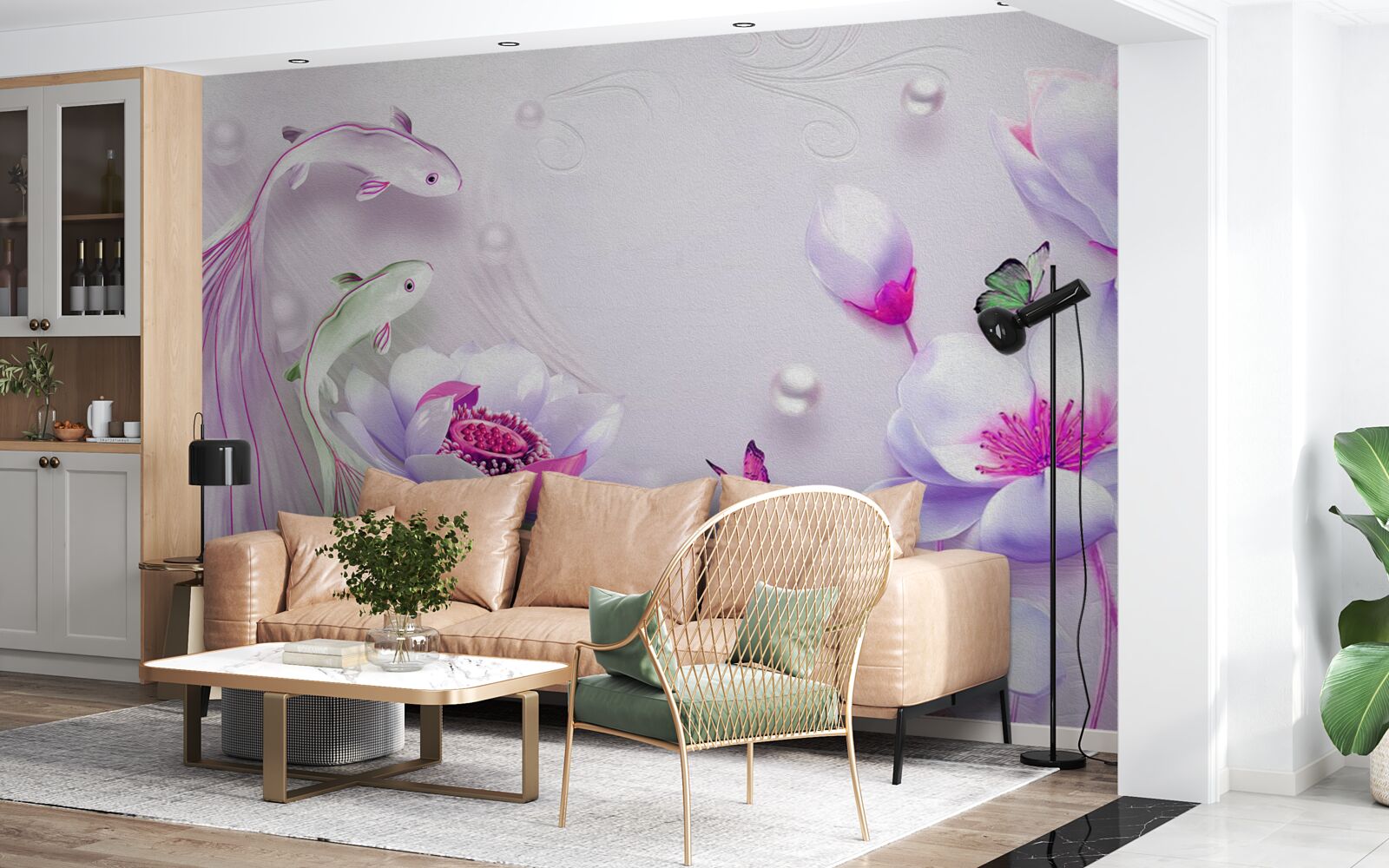 Fotobehang Sneeuwwitte magnolia en kleine visjes