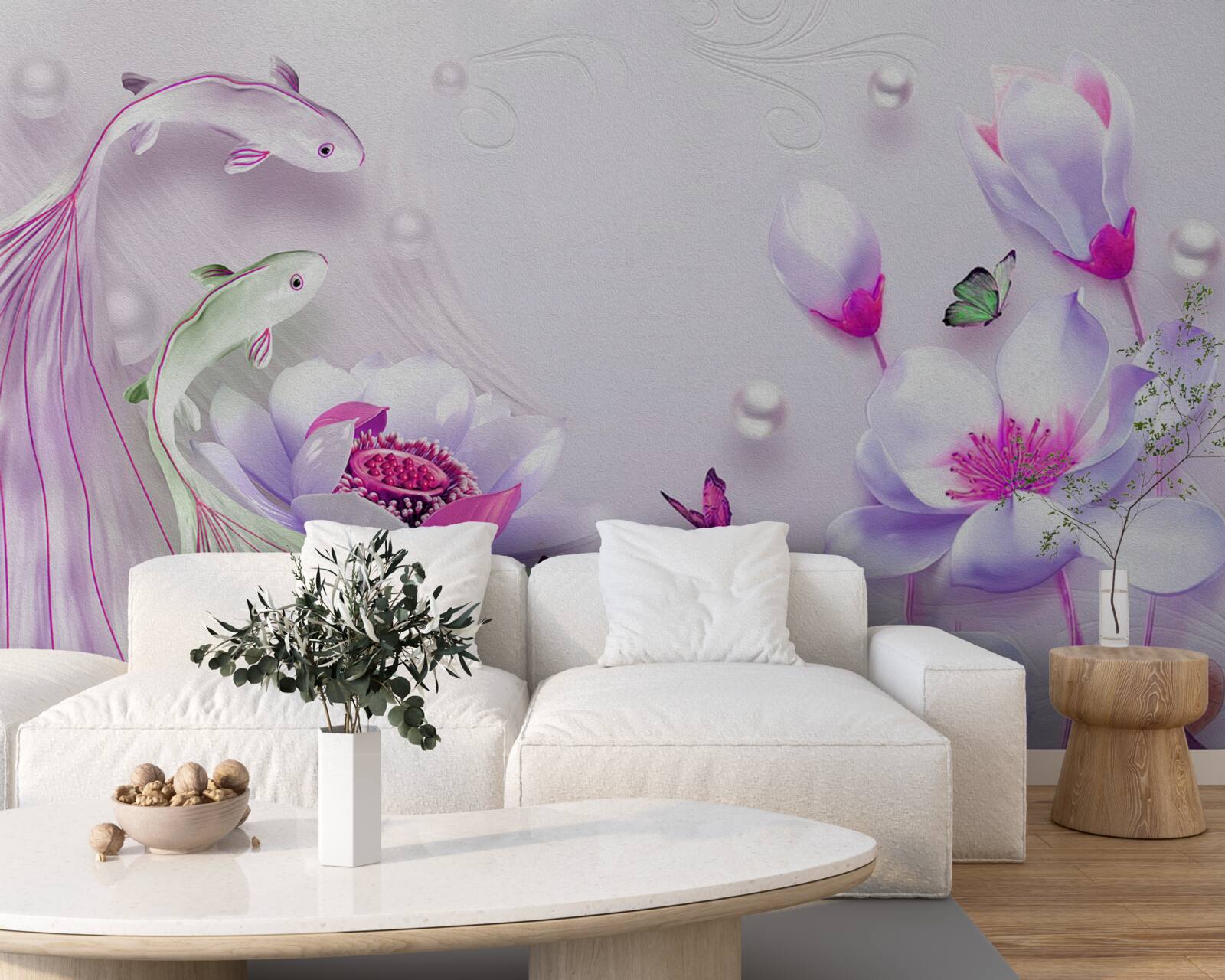 Fotobehang Sneeuwwitte magnolia en kleine visjes