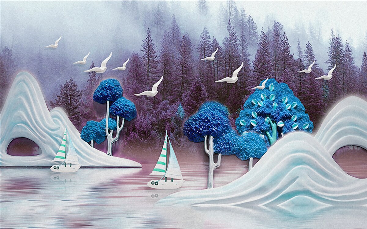 Fotobehang schepen op zeil varen over een donker meer