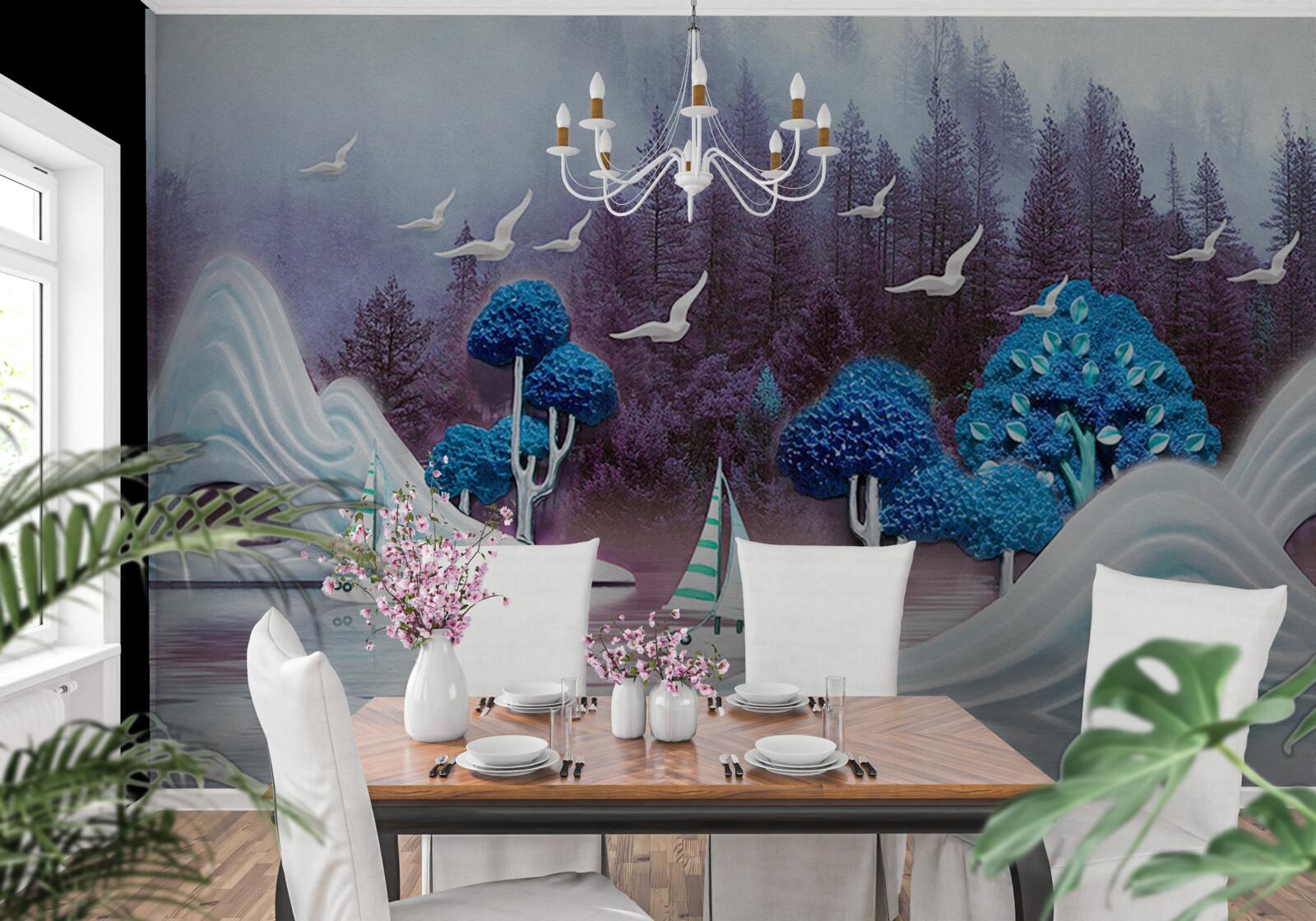 Fotobehang schepen op zeil varen over een donker meer