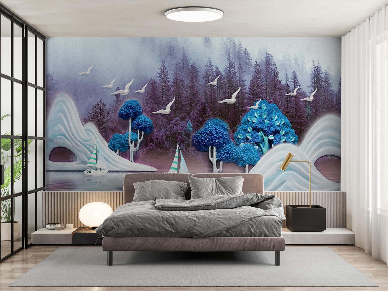 Fotobehang schepen op zeil varen over een donker meer