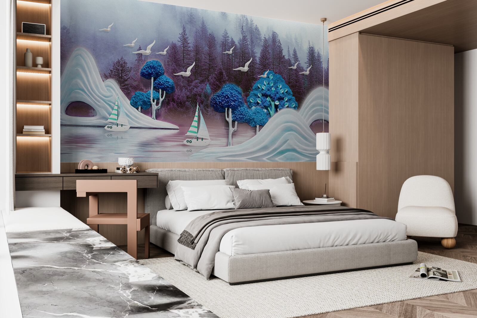 Fotobehang schepen op zeil varen over een donker meer