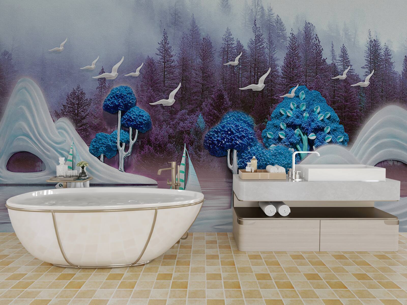 Fotobehang schepen op zeil varen over een donker meer